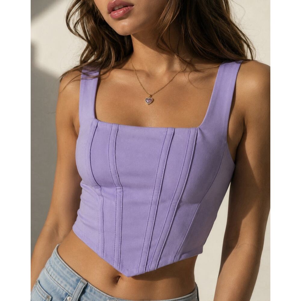 Sleeveless Square Neck Corset Crop Top - Lavender